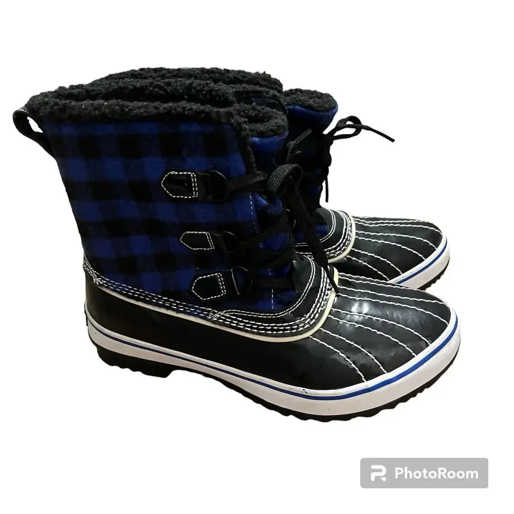 Skechers Women's Blue Black Buffalo Plaid Insulated Lined Winter Duck Boots Sz 9